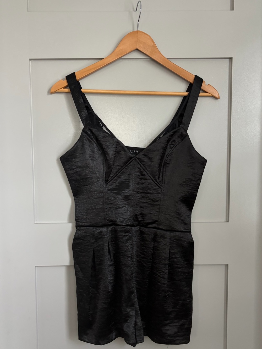 GUESS Black Satin V-Neck Shorts Romper - size 2